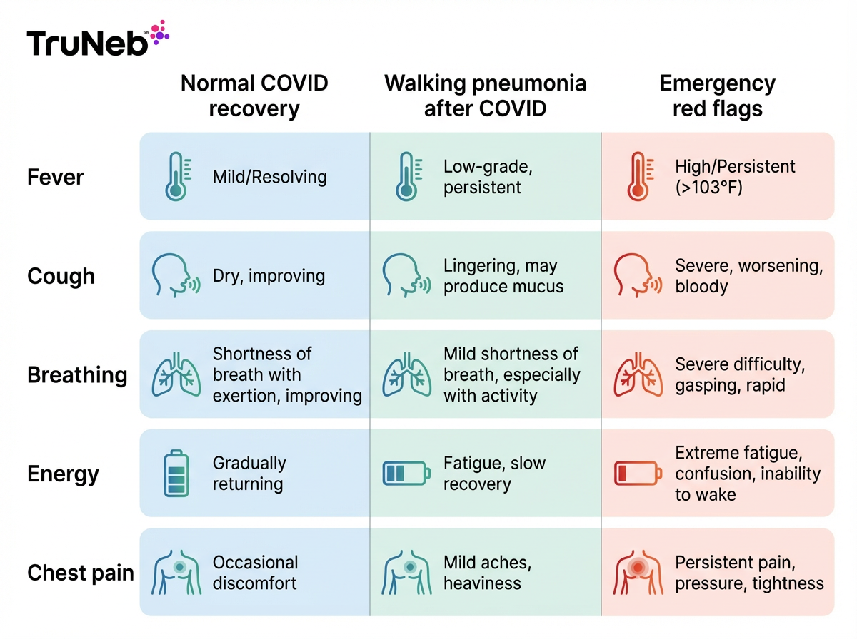 COVID Recovery vs Walking Pneumonia vs Emergency Red Flags Infographic comparing normal COVID recovery, walking pneumonia after COVID, and emergency red-flag symptoms
