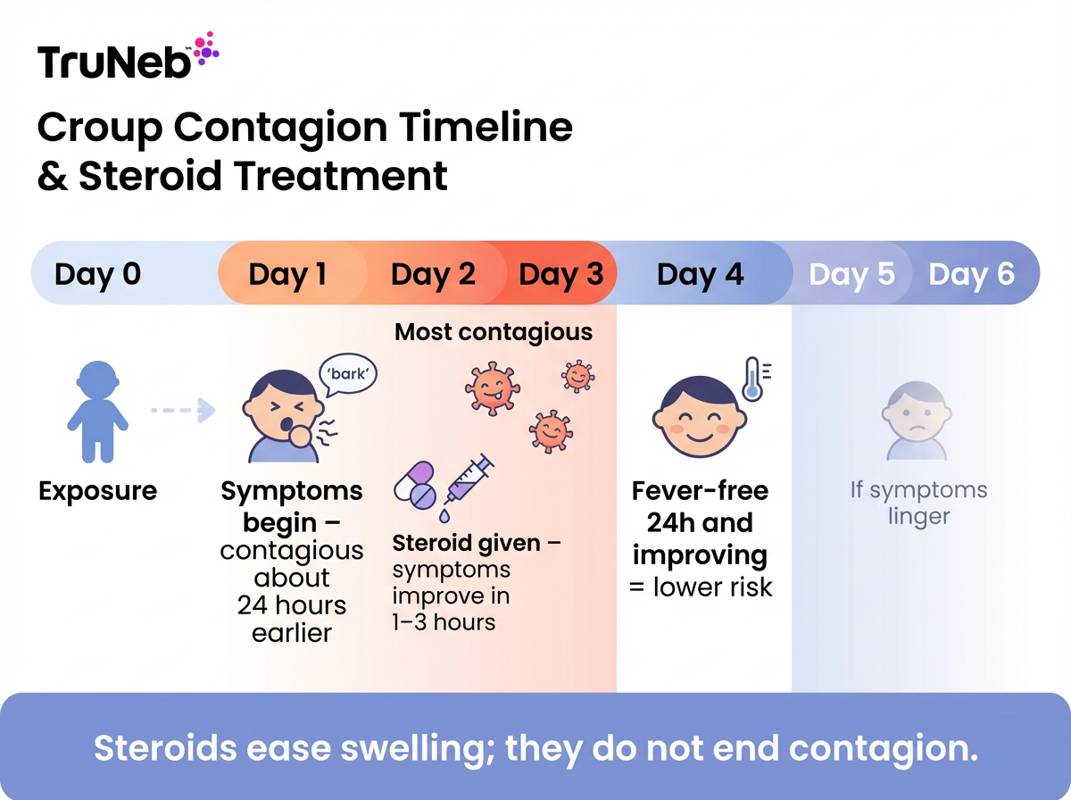 Infographic showing croup contagion timeline from exposure through day 6 and impact of steroid treatment.