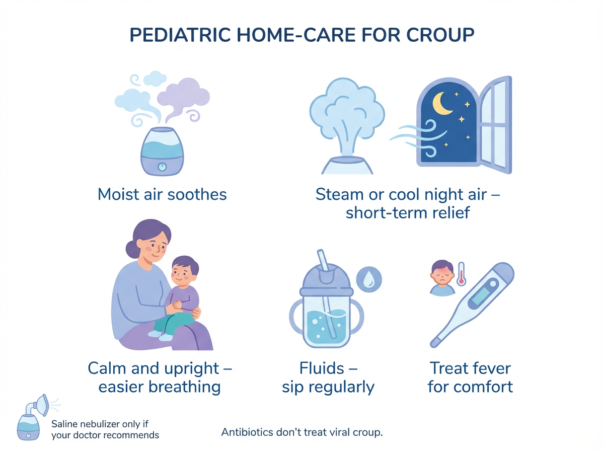Infographic with pediatric home-care tips for croup: humidifier, steam or cool air, calm upright position, fluids, and fever control.