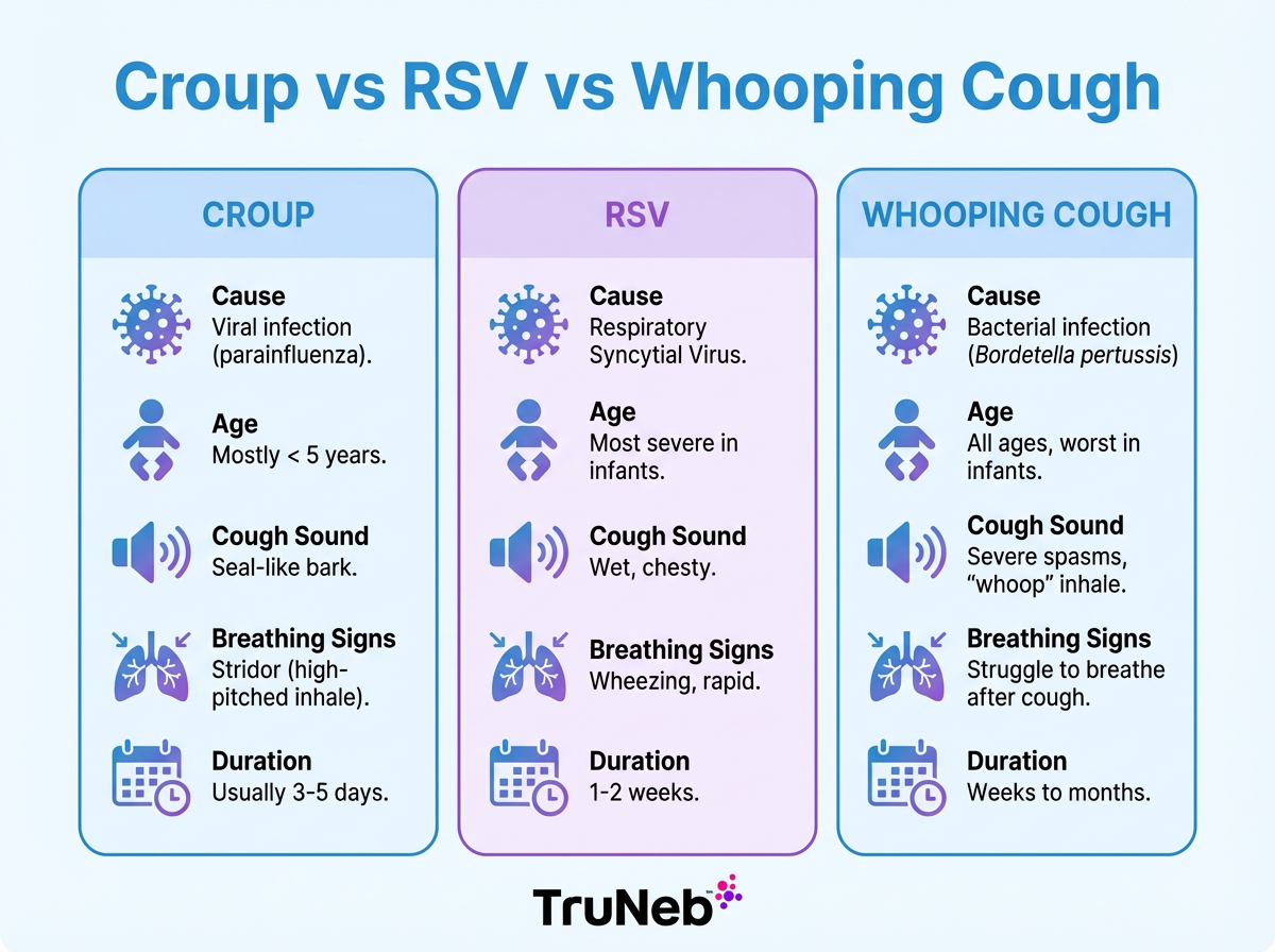 Croup vs RSV vs Whooping Cough comparison infographic Infographic comparing croup, RSV, and whooping cough in children