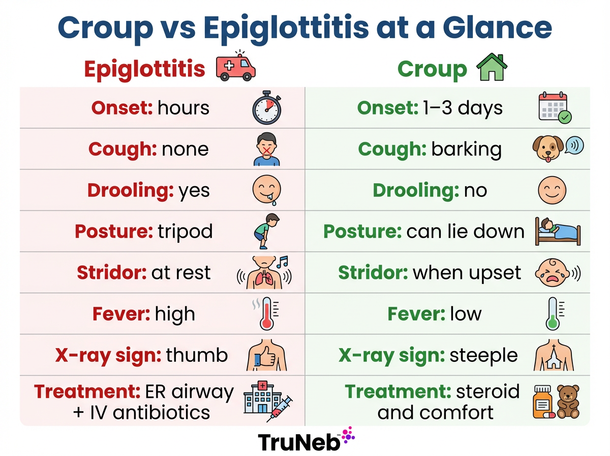 Croup vs Epiglottitis at a Glance infographic Simple visual comparing croup and epiglottitis at a glance.