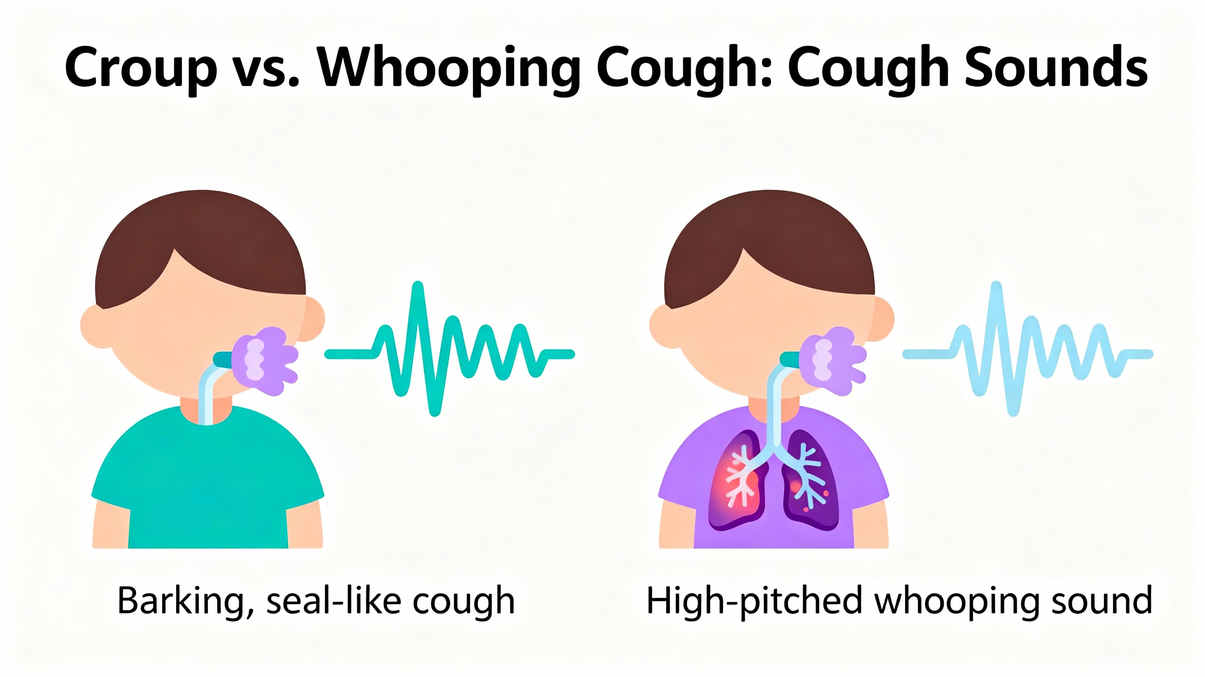 Croup vs. Whooping Cough: Cough Sounds in Children Diagram comparing croup's barking cough and whooping cough's whooping sound in children