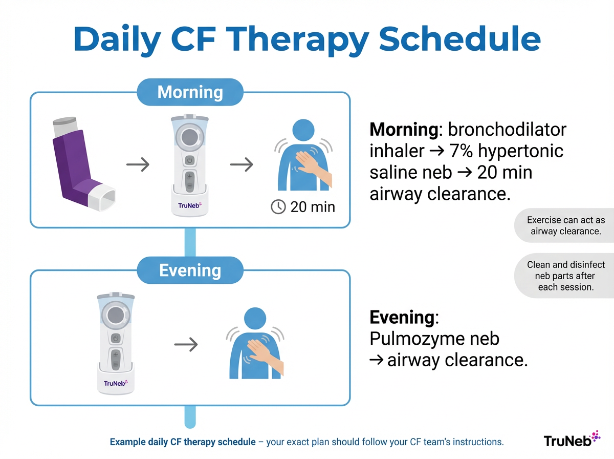 Simple timeline showing morning and evening CF therapies with notes on cleaning and exercise.
