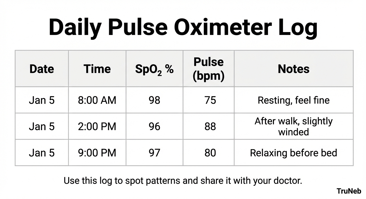 Daily Pulse Oximeter Log Printable daily pulse oximeter log table with example entries