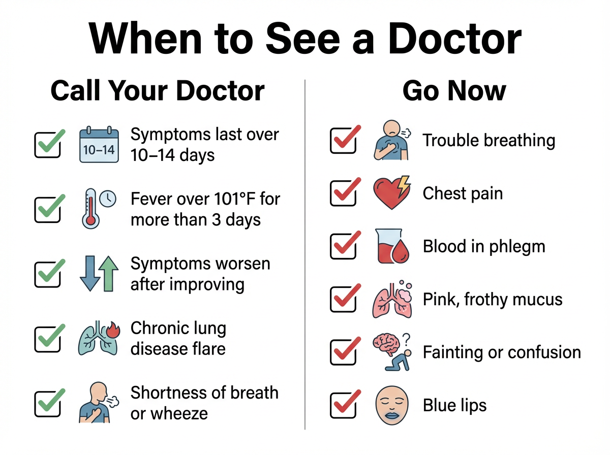 Checklist showing when to call a doctor versus seek urgent care for green phlegm.
