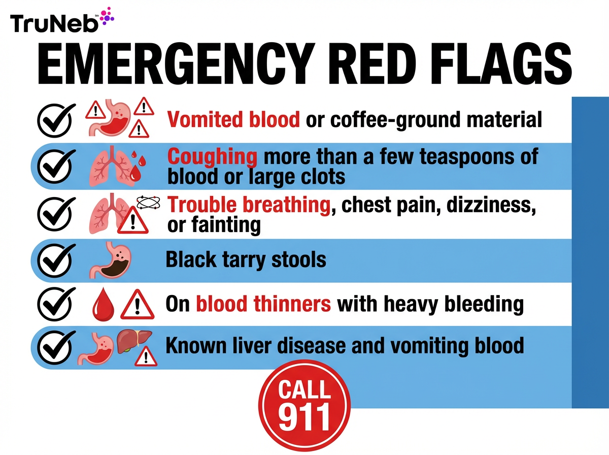 Infographic checklist of emergency red flags for coughing or vomiting blood