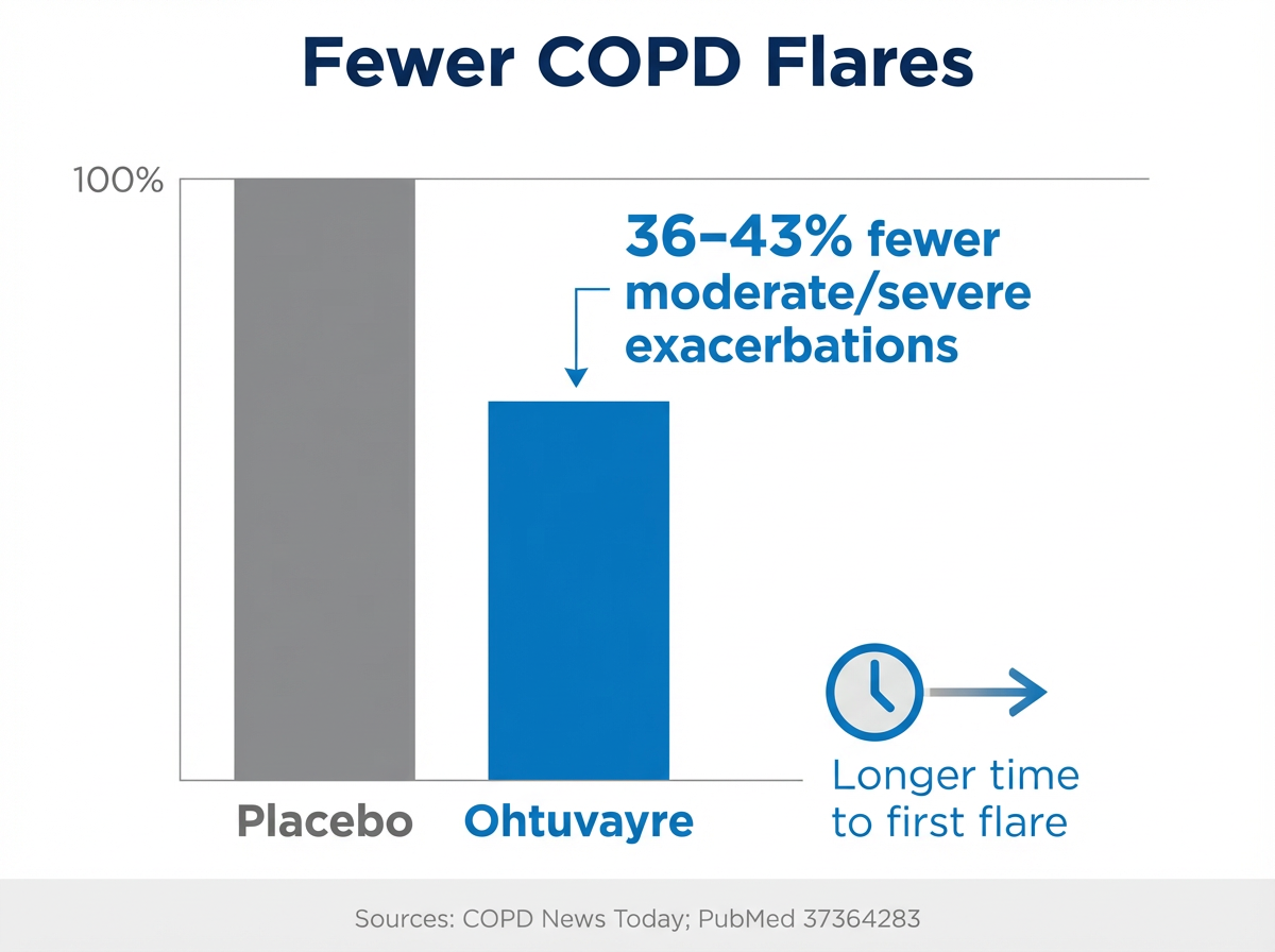 Fewer COPD Flares infographic Bar chart infographic comparing COPD flares with placebo versus Ohtuvayre