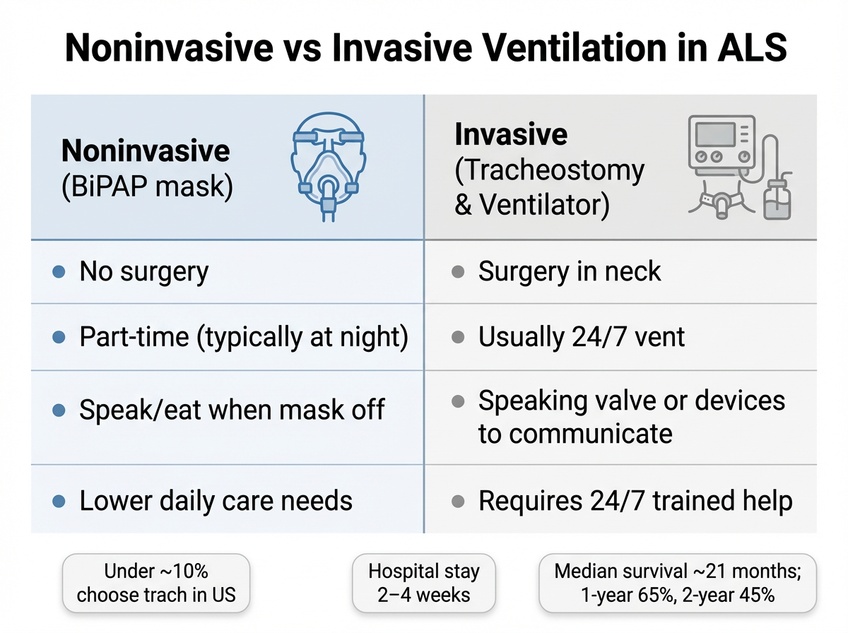 Side-by-side comparison of noninvasive BiPAP mask ventilation and invasive tracheostomy ventilation in ALS with key differences and outcome data.