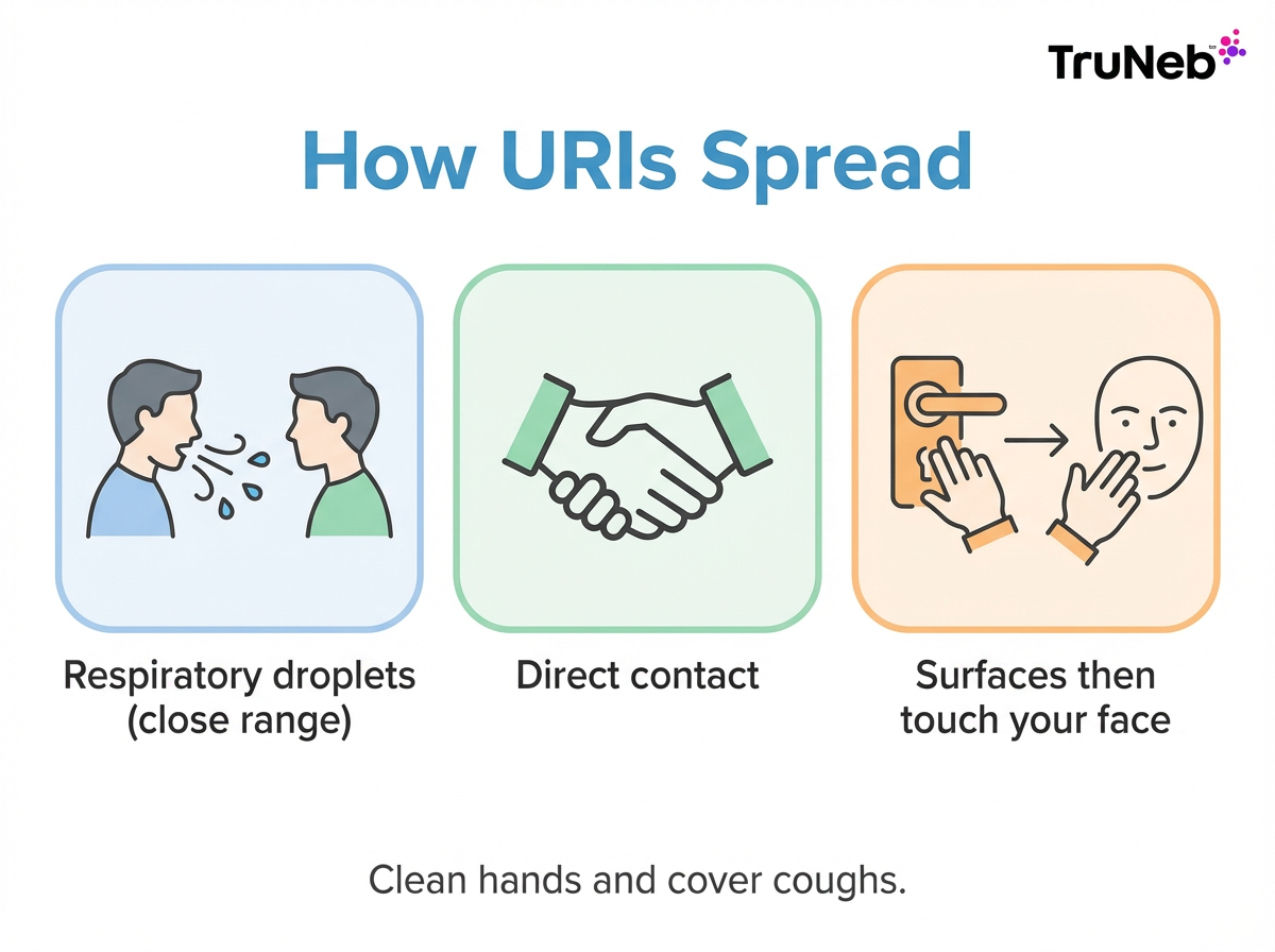 Infographic showing three main ways upper respiratory infections spread