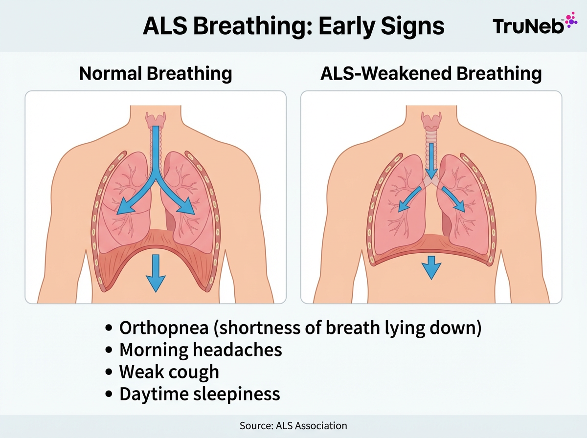 ALS Breathing: Early Signs infographic Diagram of normal vs ALS-weakened breathing and a short list of early ALS breathing signs.
