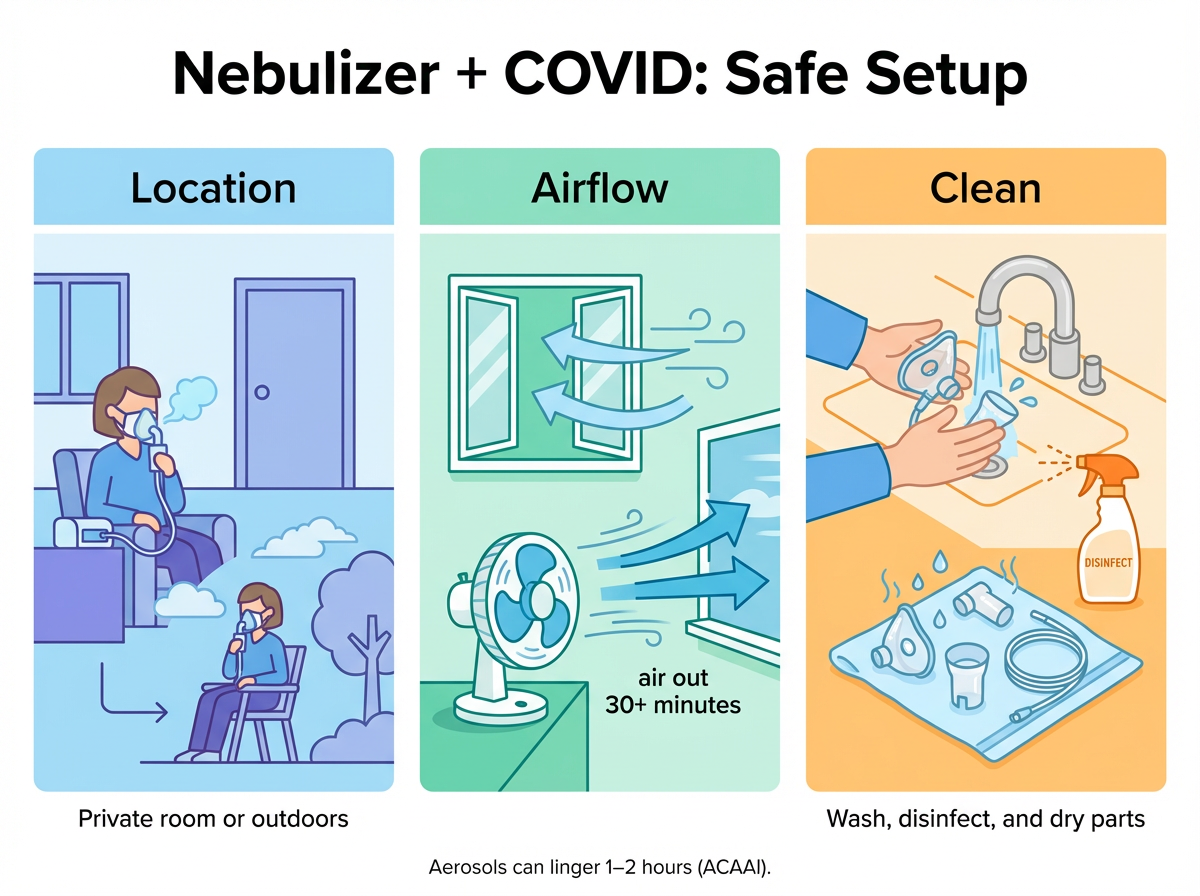 Nebulizer + COVID: Safe Setup infographic with three panels for location, airflow, and cleaning