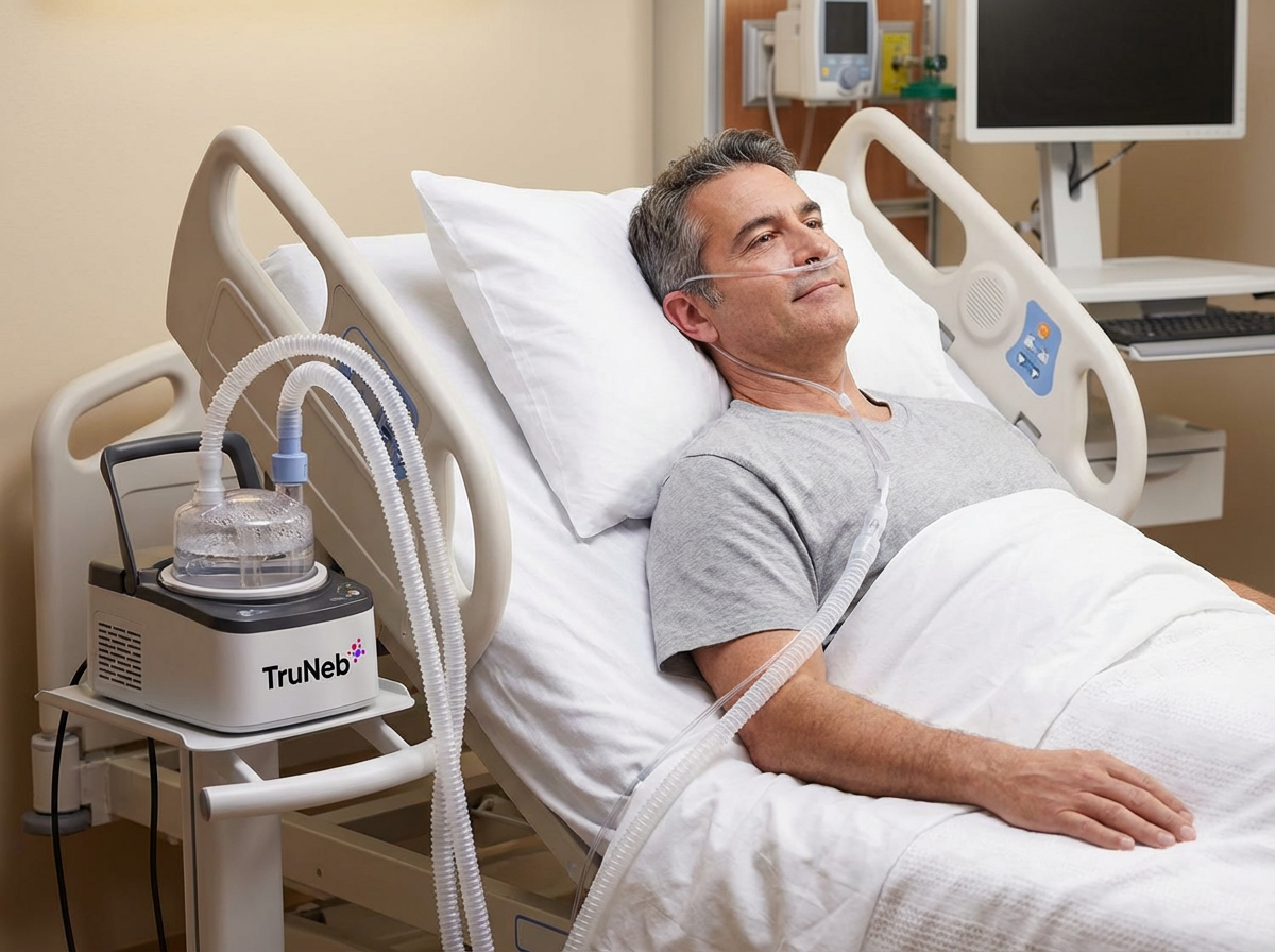 Adult patient on high-flow nasal cannula oxygen therapy Adult patient in a hospital bed wearing a high-flow nasal cannula connected to a heated humidifier and oxygen machine