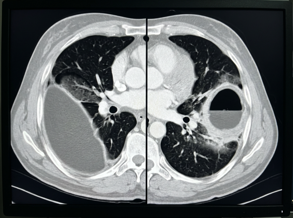 Axial chest CT comparison showing empyema versus lung abscess