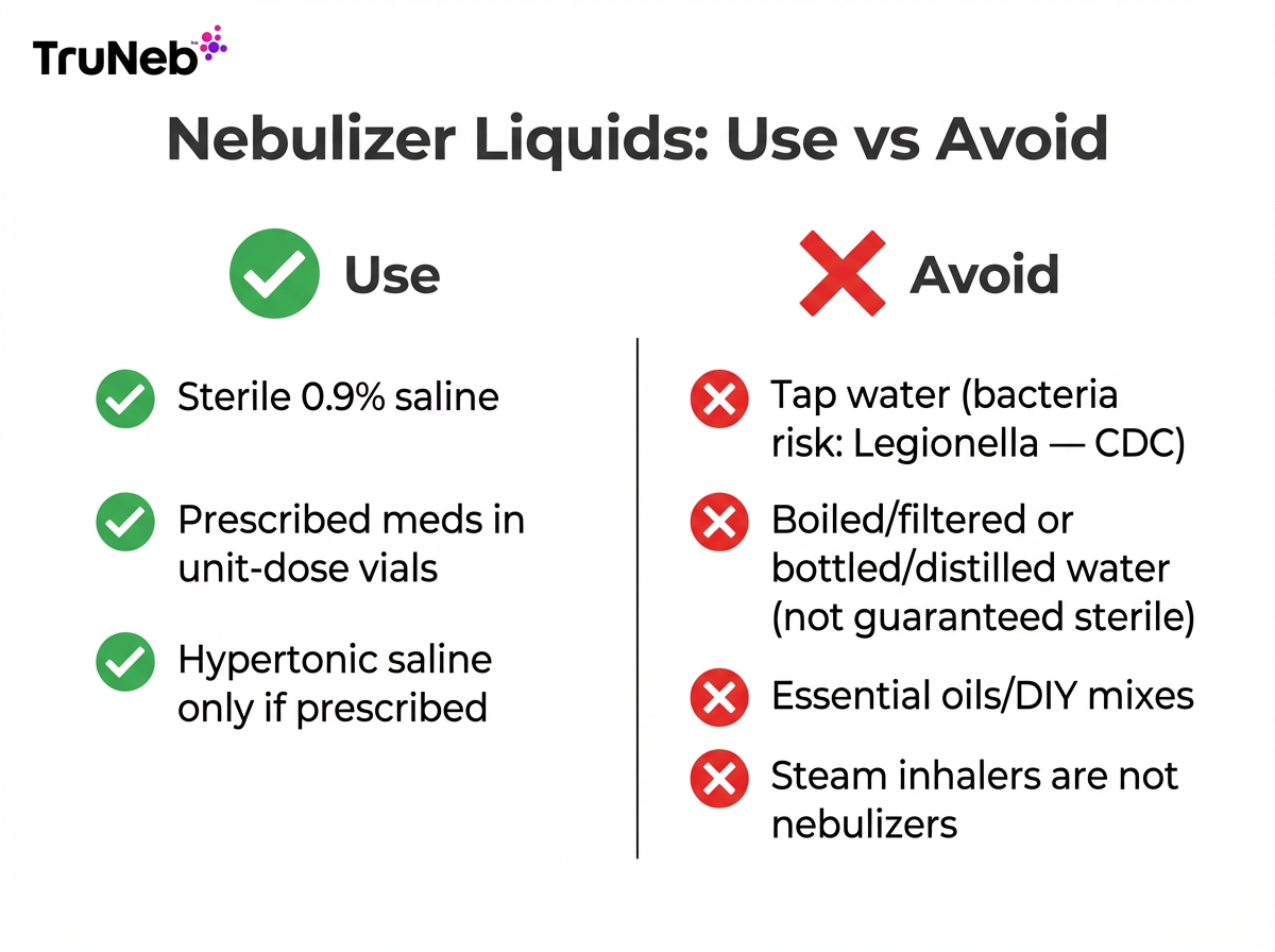 Nebulizer Liquids: Use vs Avoid infographic Infographic titled Nebulizer Liquids: Use vs Avoid with columns for safe and unsafe nebulizer liquids