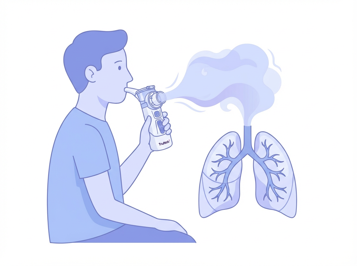 Person using a portable mesh nebulizer to inhale medicine into their lungs.