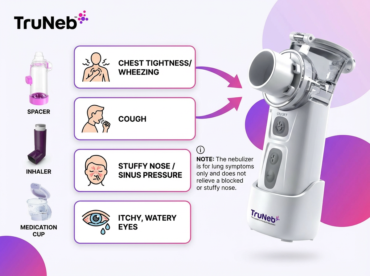 Allergy symptom infographic showing when to use a nebulizer and other treatments Infographic matching allergy symptoms to the right treatment, highlighting that the nebulizer is for lung symptoms only