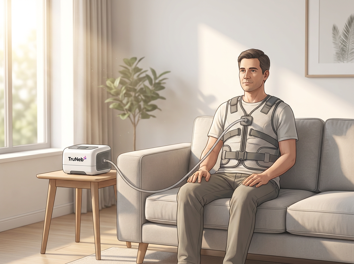 Adult sitting on a couch wearing an airway clearance vest connected to a TruNeb device on a side table in a bright living room