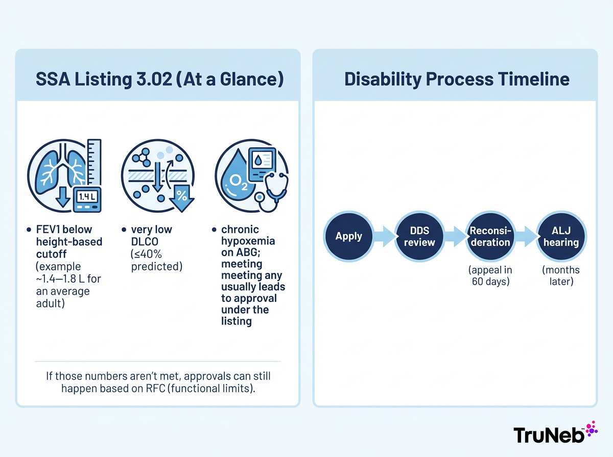 Infographic showing SSA COPD disability criteria and the claim-to-hearing timeline, plus a note that RFC-based approvals are possible if listing criteria aren't met.
