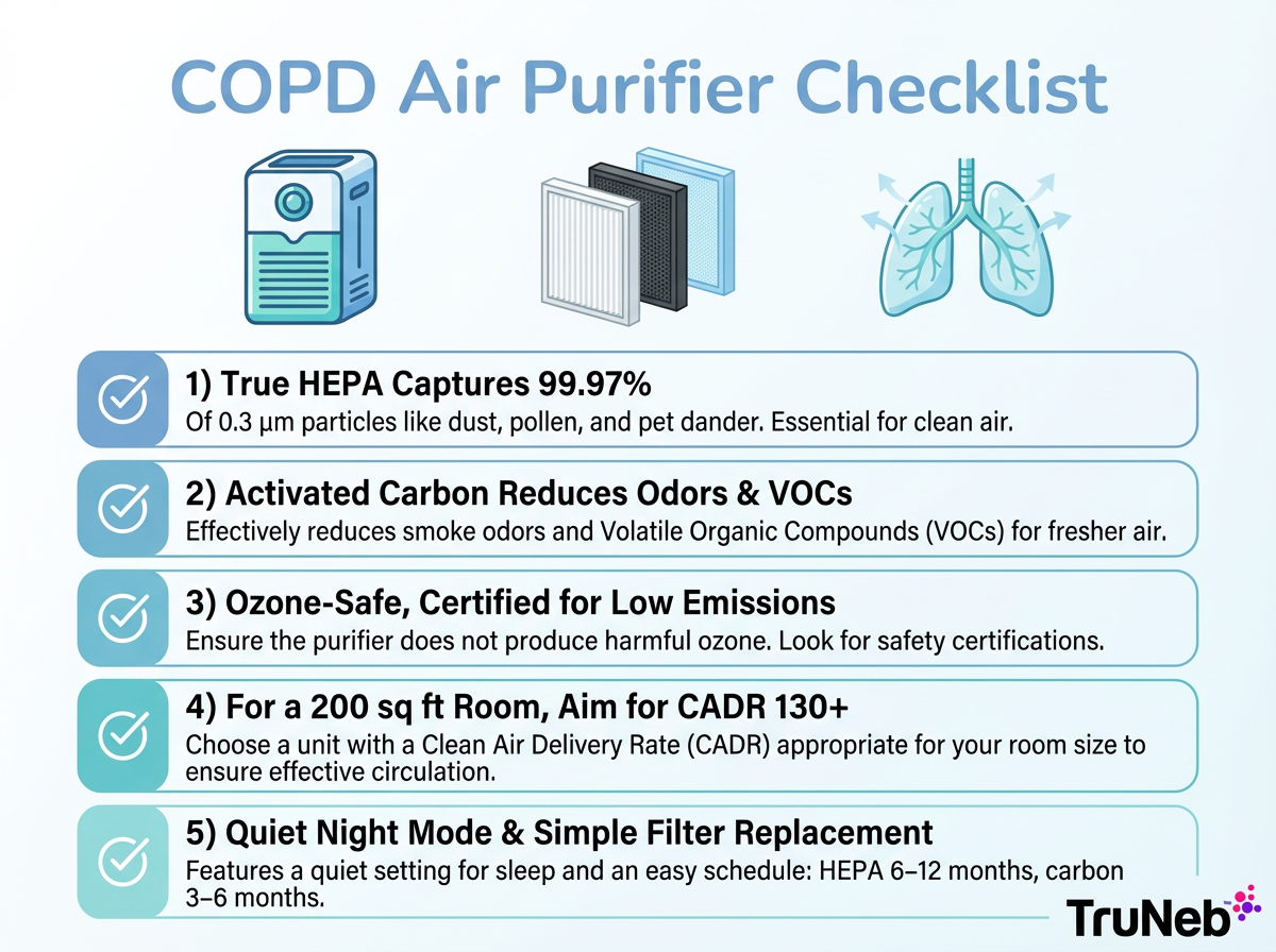 Infographic checklist for choosing a COPD-friendly air purifier