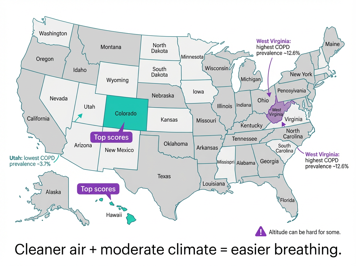 Infographic US map showing COPD lung-health highlights by state