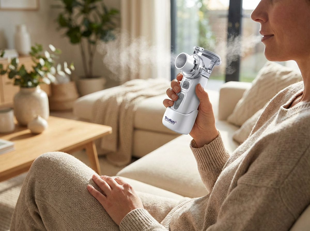 Adult sitting comfortably at home using a TruNeb portable nebulizer with visible mist