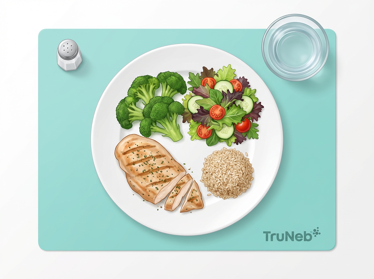 COPD-friendly low-sodium dinner plate with grilled chicken, broccoli, salad, brown rice, and water.