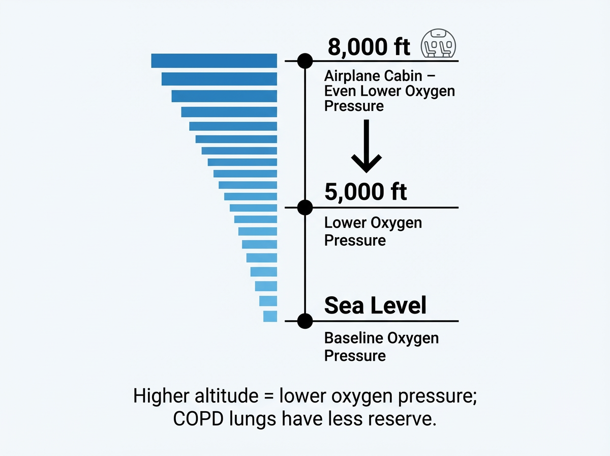 Infographic showing decreasing oxygen pressure from sea level to 5,000 feet to 8,000 feet airplane cabin, with emphasis on lower reserve for COPD lungs