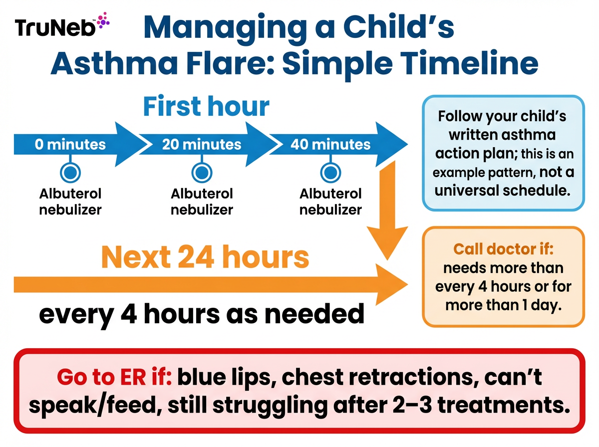 Managing a Child’s Asthma Flare: Simple Timeline Asthma action timeline showing initial back-to-back albuterol in the first hour, then every 4 hours, with doctor and ER triggers.