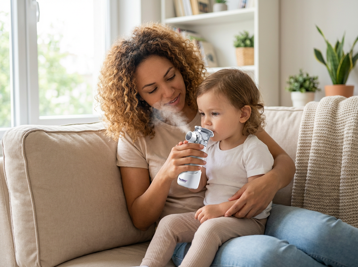 A parent using a small handheld mesh nebulizer to give a breathing treatment to a young child sitting on a couch at home.