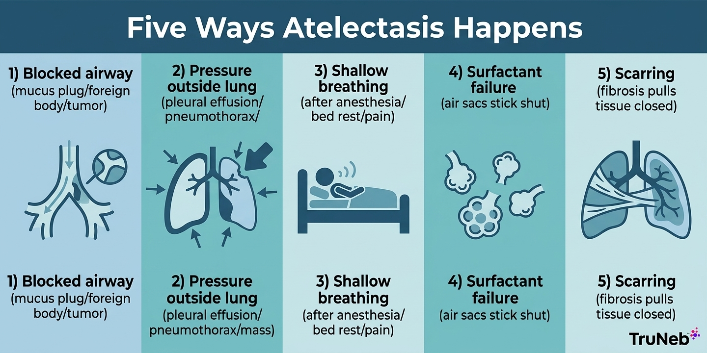 Infographic illustrating five main ways atelectasis happens in the lungs