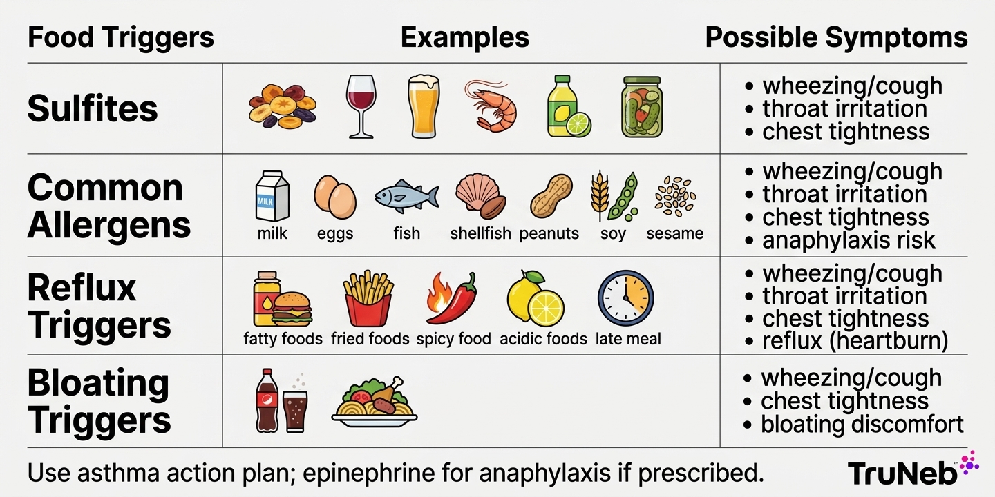 Infographic table of food-related asthma and wheeze triggers and their possible symptoms.
