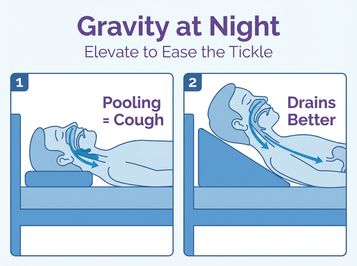 Two-panel diagram showing how elevating your head at night helps post-nasal drip drain instead of pooling and causing cough.
