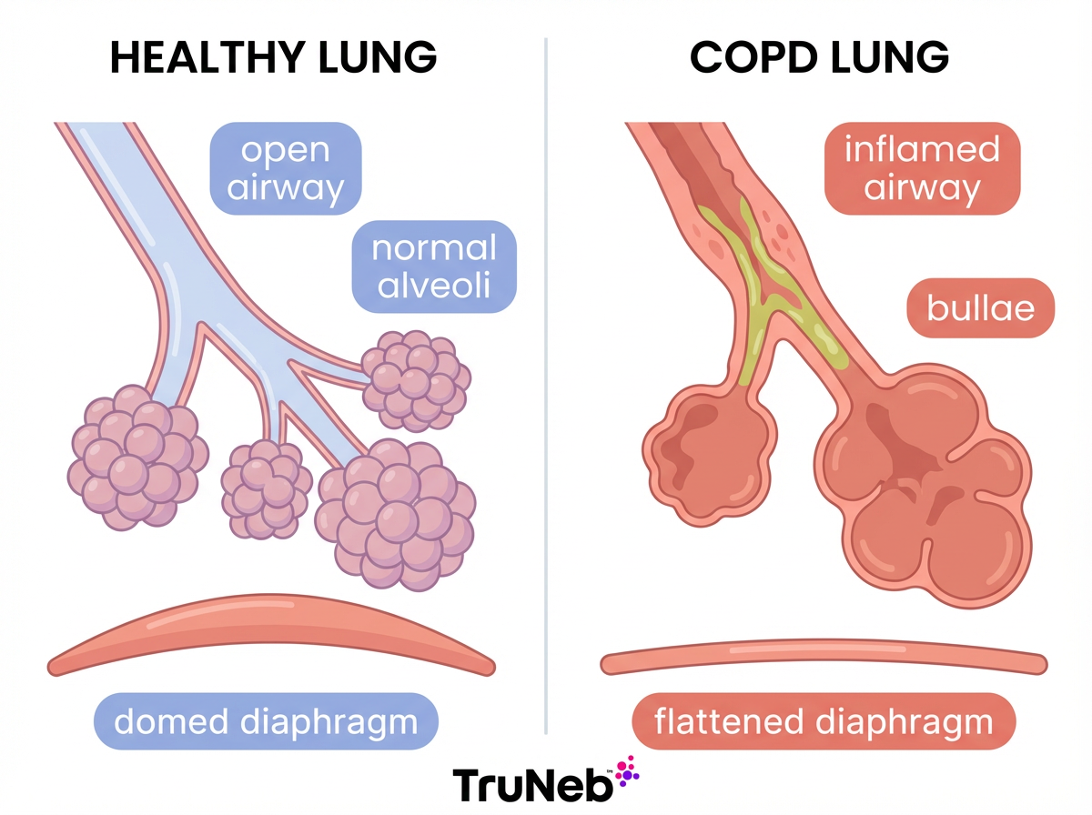 Side-by-side illustration of healthy vs COPD lungs showing open airways, normal alveoli, and a domed diaphragm compared with inflamed airway with mucus, bullae, and a flattened diaphragm.