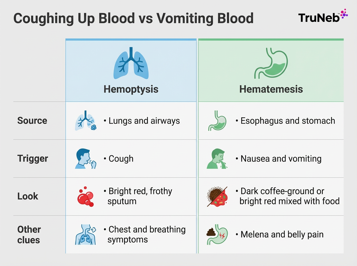 Infographic comparing coughing up blood (hemoptysis) and vomiting blood (hematemesis)