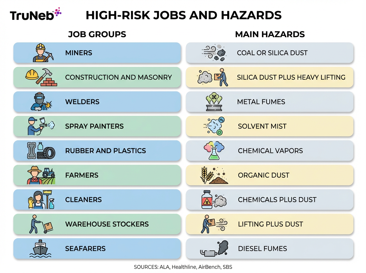 High-Risk Jobs and Hazards infographic Infographic mapping high-risk job groups like miners, welders, and cleaners to their main COPD hazards such as dust and fumes.