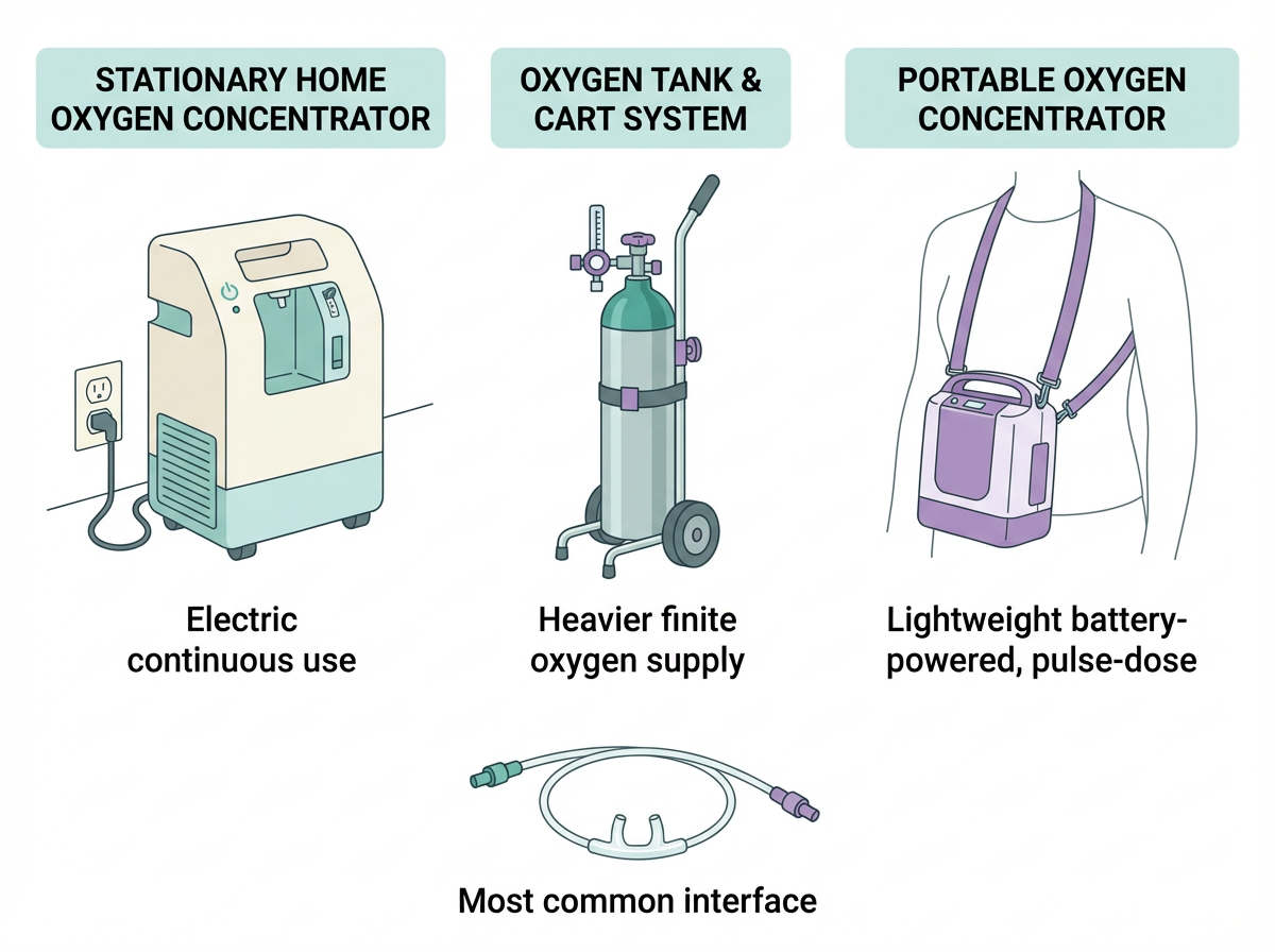 Home oxygen equipment comparison infographic Infographic showing a home oxygen concentrator, an oxygen tank on a cart, and a portable oxygen concentrator with a nasal cannula.