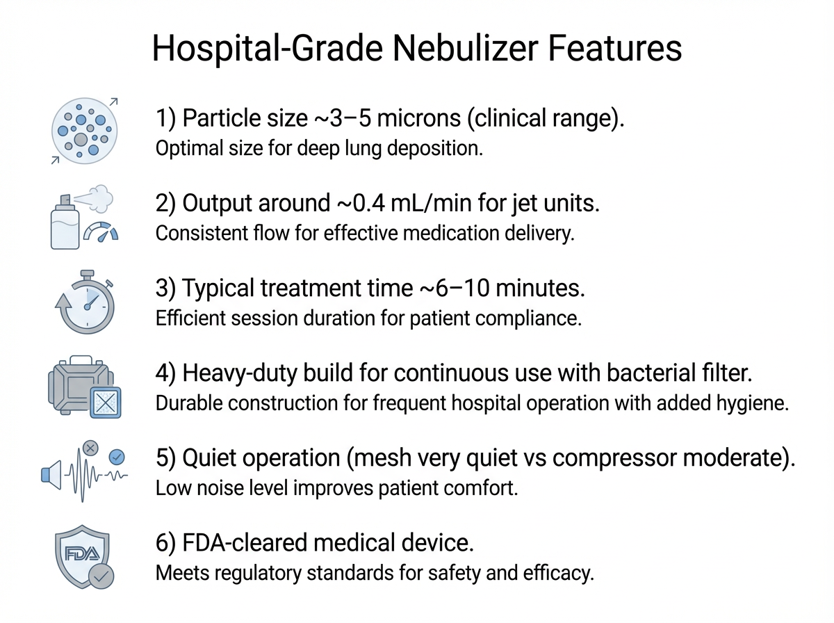 Checklist of hospital-grade nebulizer features with particle size, speed, durability, safety, and noise.