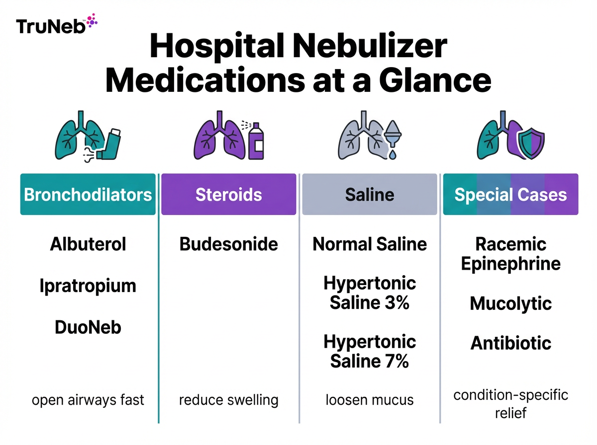 Hospital Nebulizer Medications at a Glance Hospital nebulizer medications infographic with four columns