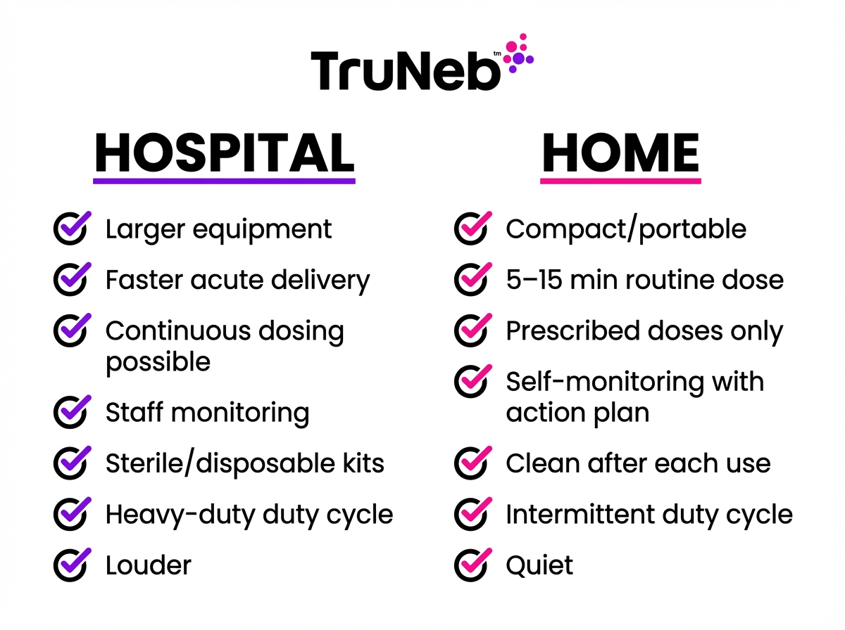 Hospital vs home nebulizer checklist Two-column checklist comparing hospital vs home nebulizer factors