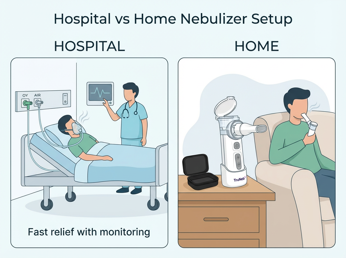 Hospital vs Home Nebulizer Setup Side-by-side illustration of hospital and home nebulizer setups
