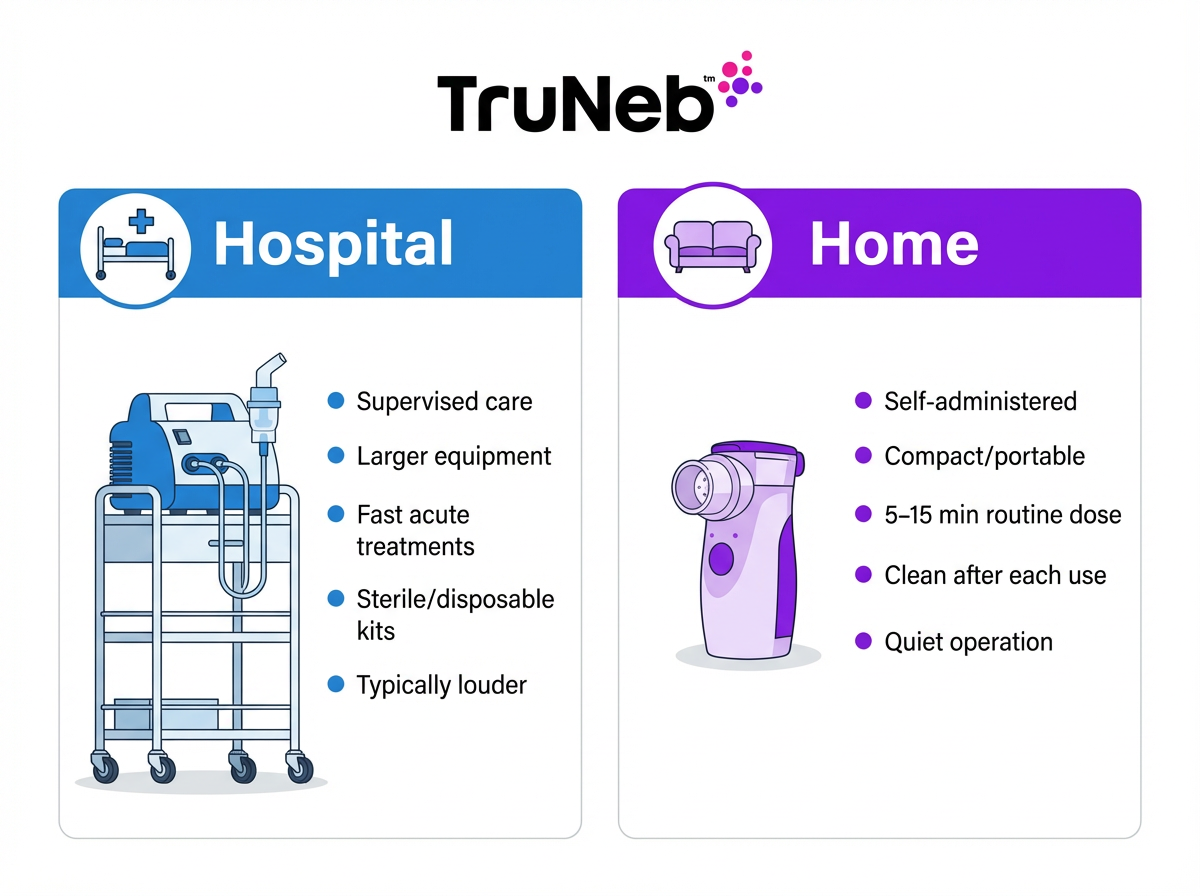 Hospital vs home nebulizer comparison infographic Side-by-side comparison of a hospital cart nebulizer and a handheld mesh home nebulizer infographic