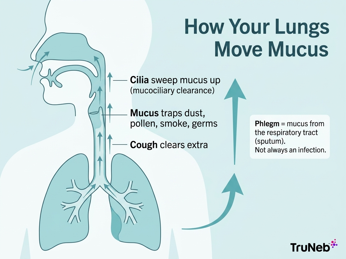 Infographic titled How Your Lungs Move Mucus showing airway, mucus movement, and key labels