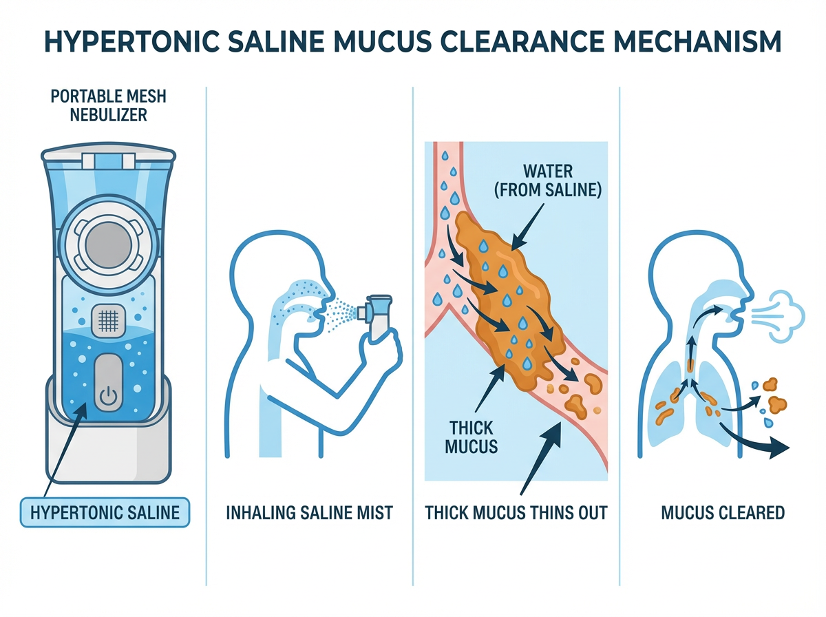 Hypertonic Saline Mucus Clearance Mechanism Diagram Four-panel diagram of hypertonic saline nebulizer mucus clearance mechanism