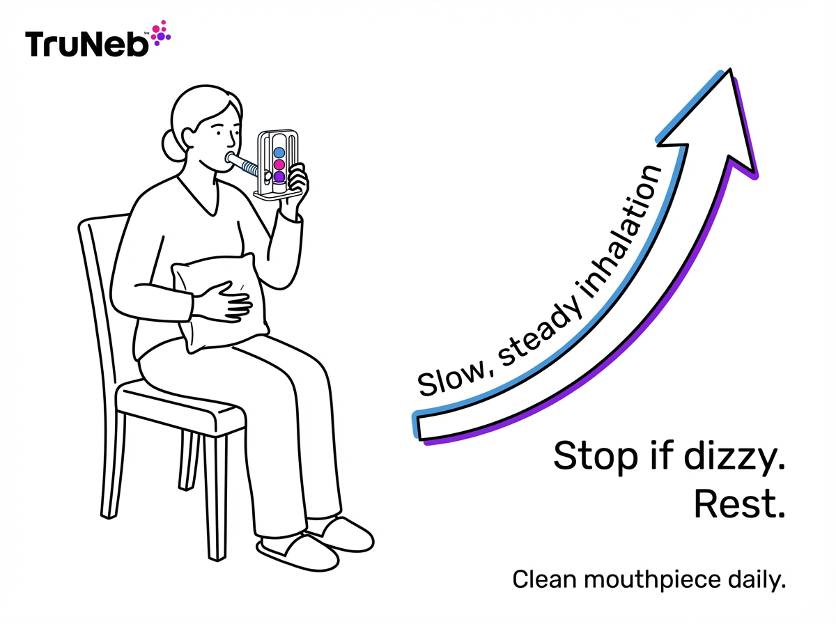 Illustration of pillow splinting and slow inhalation while using an incentive spirometer.