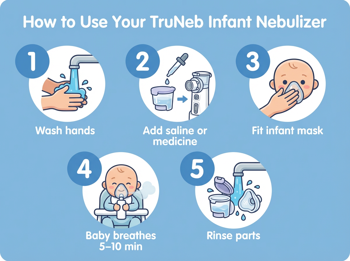 How to use your TruNeb infant nebulizer in five simple steps Five-step infographic showing how to use a TruNeb infant nebulizer