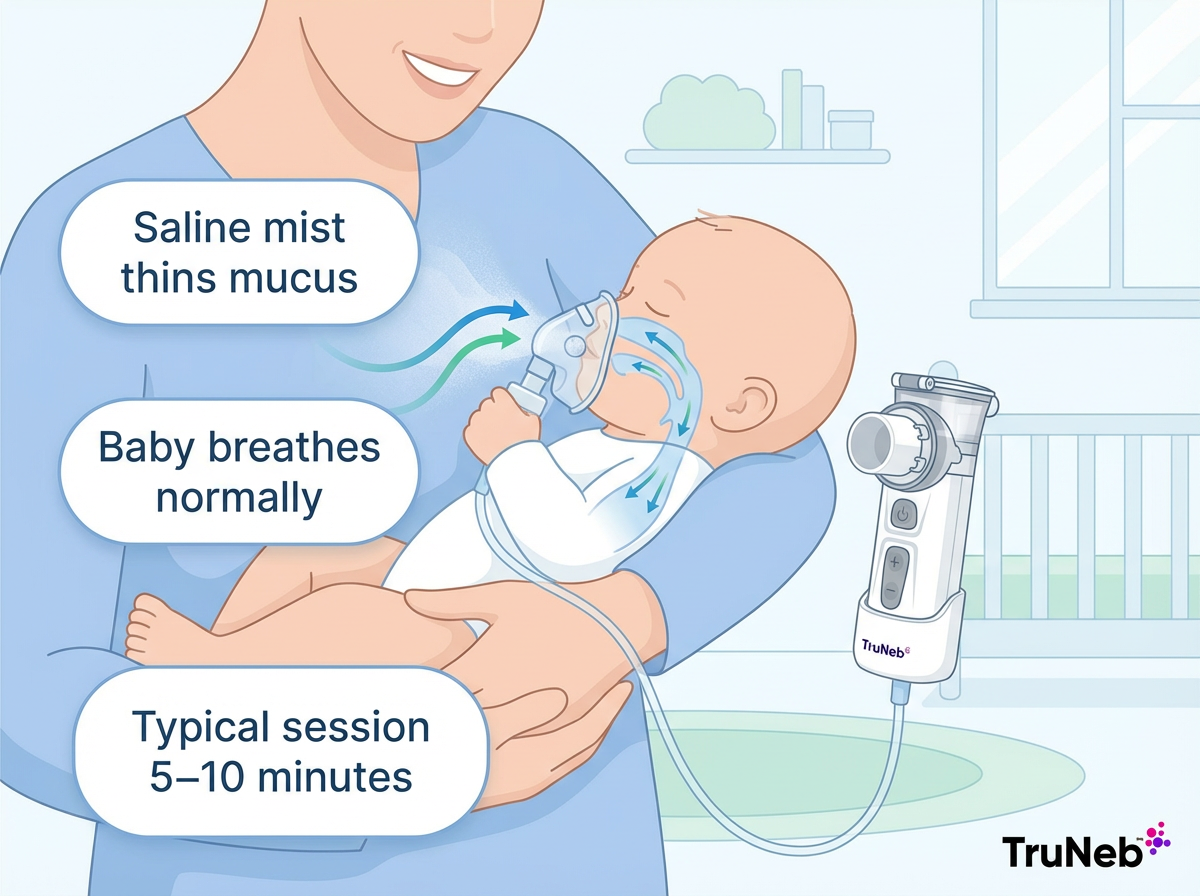 How saline mist thins mucus during an infant TruNeb nebulizer treatment Illustration of a parent holding a baby using a TruNeb infant nebulizer with arrows showing saline mist thinning mucus