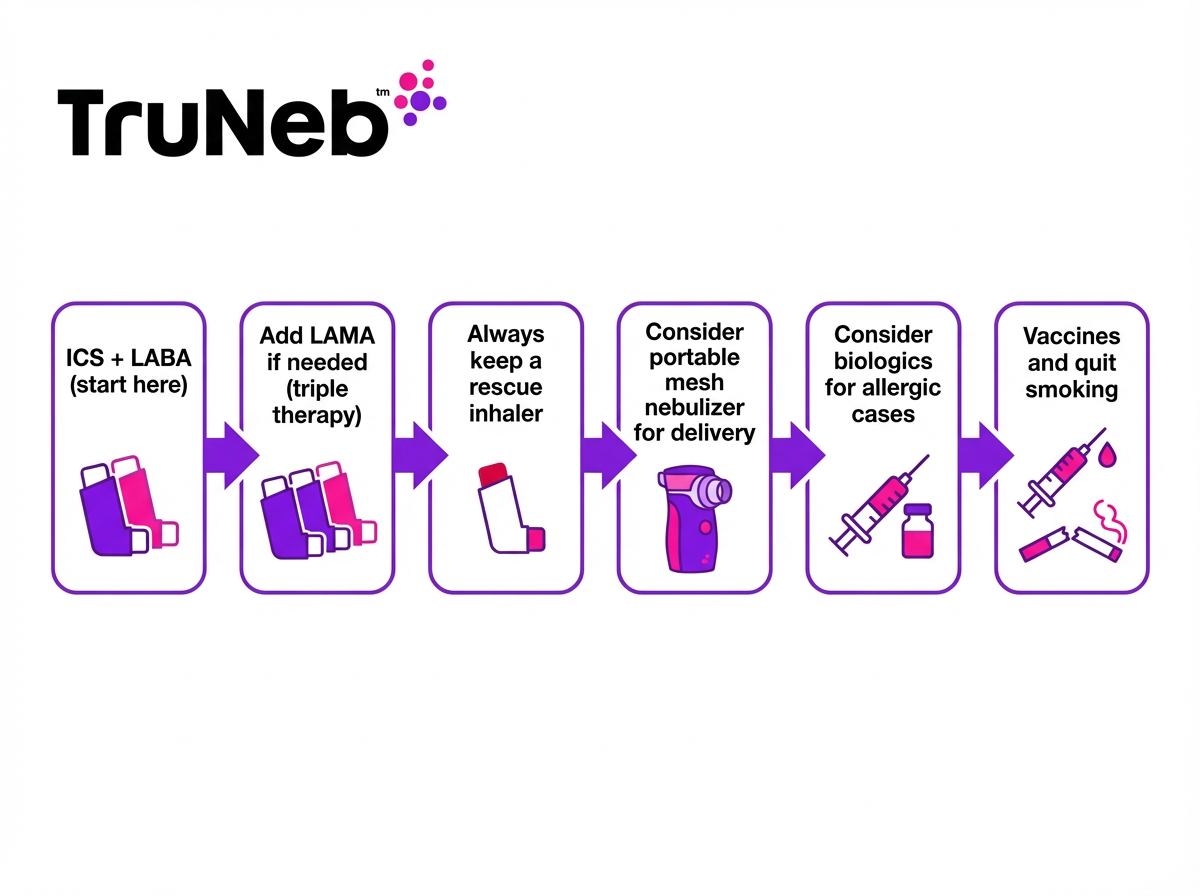 ACOS treatment roadmap infographic showing stepwise therapies from inhalers to biologics and lifestyle changes