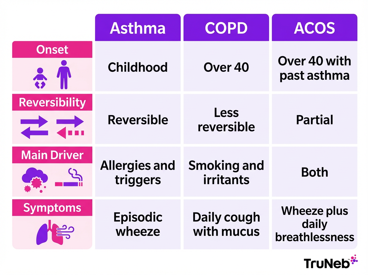 Infographic comparing asthma, COPD, and ACOS by onset, reversibility, main driver, and symptoms