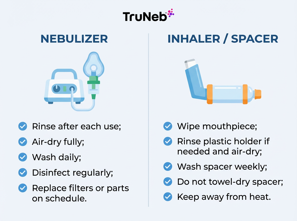 Checklist infographic showing cleaning steps for nebulizers and inhalers or spacers and reminding users to follow their device manual.