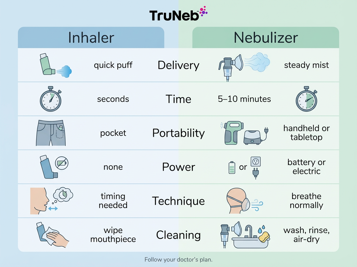 Inhaler vs nebulizer quick comparison infographic for people using asthma or COPD medicines, showing delivery, time, portability, power, technique, and cleaning, with a note to follow your doctor’s plan.